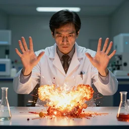 scientist in a white coat, chemicals explosion on a white table in front of the scientist, digital art, digital painting, masterpiece, anatomically correct, five fingers, cinematic, high coherence, realistic, high quality, highly detailed, 8 k, dramatic lighting, path traced, centered, high definition