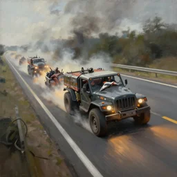 Ignacio Bazan Lazcano painting of a vehicle battle on highway, dramatic lighting, wide angle lens, dutch angle, trending on Artstation, highly detailed