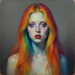 the rainbow colored woman, creepy, surrealism, oil on canvas, high detail, hyperrealism, photo realistic