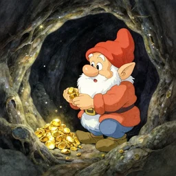dwarf mining for gold in a sparkling dark cave, from studio ghibli, watercolor illustration for a book, proportions, legs of the hand