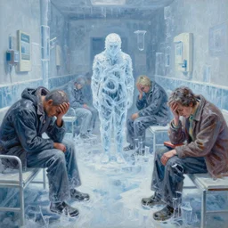 palette knife oil painting of traumatised patients at a mental asylum who are frozen with ice, extreme detail, artstation trending, artgerm, any racial background, deviant art, octane, substance, art history 8 k