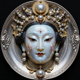 hyperrealism, detailed textures, award winning autochrome photo, symetrical japanese pearl, beautiful animal pearl queen, autochrome pearl portrait, pearl silverplate, intricate, detailed facial pearl scary animal mask, pearl, golden jewelery, silverplate, ultra realistic, cinematic, intricate, by steve mccurry, unreal engine 8 k