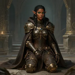 portrait of a steampunk geomancer in the stone palace, female, gorgeous, tech robes, cloak, dark skin, green eyes, elf, sitting on bent knees, high fantasy, detailed face, highly detailed, digital illustration, by rossdraws