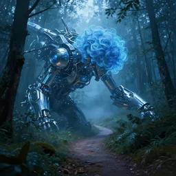 outdoors futuristic machinery sleek shiny blue misty unclear neon curly hair untouched wild nature painting forest trail