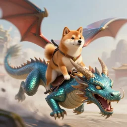 Shiba Inu riding a dragon into battle, concept art, matte painting, highly detailed, artstation, dynamic, epic composition