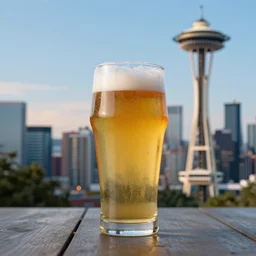 a beautiful and immaculate balanced vaporwave ombre scene depicting pint glass of beer, seattle, and the outrun style space needle. trending on artstation. recommended for you behance. double exposure. by beeple.