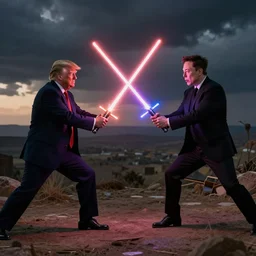 Trump versus Elon musk, lightsaber duel, cinematic film still