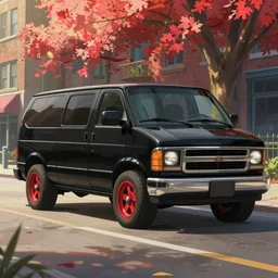 a wholesome animation key shot of one!! focused, custom black 1 9 8 3 gmc van, big red alloys, in chicago street, medium shot, studio ghibli, ( disney animation ), sharp, very detailed, high resolution, rendered in unreal engine 5, anime key art by greg rutkowski, bloom, dramatic lighting