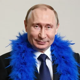 vladimir putin, studio portrait, feather boa, earrings, joyful, eyeshadow, soft lighting, realistic