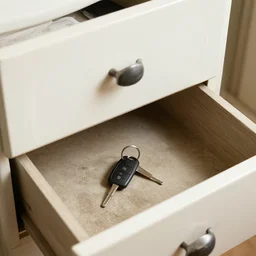 car keys on the bottom of the open dirty drawer