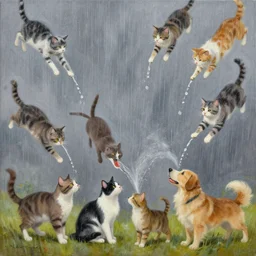 A painting of cats and dogs pouring from the sky like rain.