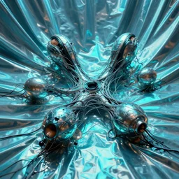 technological mitosis, cell shaded, hyperrealism, reflective fabric, refractive surfaces, chiaroscuro!, minimalism, flesh bound to metal, loose wires, black ooze, cyan lighting, vibrant, by gil elvgren and greg rutkowski and ilya kuvshinov and anton fadeev and giger