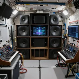 giant speaker system music recording studio in the interior of an international space station. filled with electronic dj equipment, modular synthesizer with cables everywhere. hologram antimatter projection system. photorealistic 35mm 4k cgsociety
