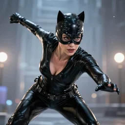 Monica Belluci As Catwoman, volumetric lighting, hyperrealistic, photorealistic, beautiful details, HDR, octane render, action shot, wide angle, bokeh