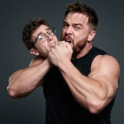 Joe Rogan, crazy jacked, choking a nerd