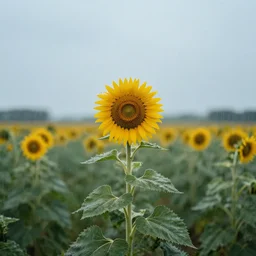 a sad! sunflower on a rainy! day, standing alone in a wide field!, in a symbolic and meaningful style, trending on artstation, by rj monet.