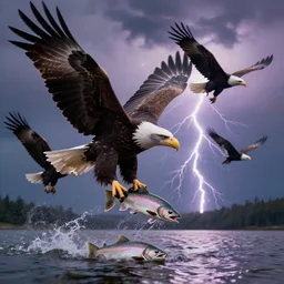 4 k ultra detailed photo of eagles glying catching salmon dramatic lightning