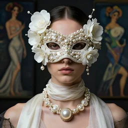 a futuristic portrait covered by mask made of wires and pearl and white plastic flowers, necklace made by silk and gauzes twisted around neck, design by leonardo davinci, inspired by egon schiele, balenciaga, modern art, baroque art jewelry, new classic, fashion design, photorealistic, hyper realistic, cinematic composition, cinematic lighting, fashion design, concept art, hdri, 8 k