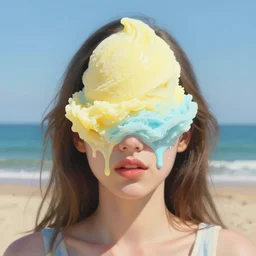 portrait of a girl on the beach, giant sorbet icecream half covering her face, pastel shades of yellow en light blue, beautiful face, rule of thirds, spotlight, drips of paint, expressive, passionate, by greg rutkowski, by jeremy mann, by francoise nielly, by van gogh, digital painting
