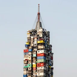 big towers made up of colourful squatter shacks and makeshift brutalist shelters, suspension, mamiya, f 1. 7, uniform plain sky, fine details, minimalist, photographed by david hockney