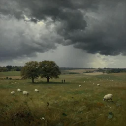 artwork of the cinematic view of a landscape of normandy by rene magritte, thundery weather, couple of groves, sheep pasture, landscape view