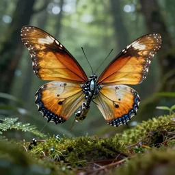 a mechanical robotic butterfly, forest environment, biotechnology, photo, national geographic, deep depth field, masterpiece, cinematic composition, hyper - detailed, hd, 4 k