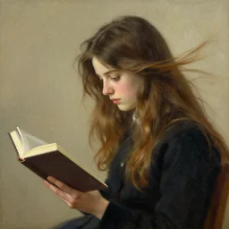 a girl reading book, hair flowing down, by Émile Eisman-Semenowsky