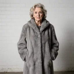 old formal woman in a gray fuzzy fur coat, white brick basement wall backdrop
