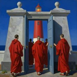 worshippers in red robes entering the door of the light house, going through the door, lighthouse, high detailed beksinski painting, part by adrian ghenie and gerhard richter. art by takato yamamoto. masterpiece, deep colours, blue