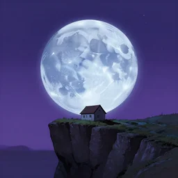 a digital art of a small house on the cliff, a huge icy blue moon, a purple sky full of small stars, by laurie greasley, artstation, studio ghibli color scheme