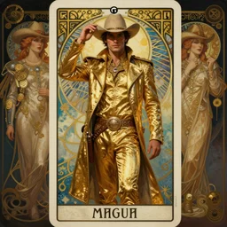 a dramatic ethereal epic symmetrical painting of a handsome cowboy in a shimmering gold outfit | tarot card, art deco, art nouveau,  (steampunk), homoerotic, realistic | by Dresden Codak, by Mark Maggiori and ((((Alphonse Mucha))) | trending on artstation