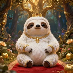 Sloth deity, fat figure,Cute, elegant, furry, white, gold, warm, wearing a crown, bracelets and necklaces, red carpet, figure, realistic, hair detailing, background is heavenly,wonderland at night, The light in the deep forest full of mythical creatures of the picture, according to European art, Golden Sacred Tree, Golden Apple, Flower Garden,Hyper realistic render. Den noise. Volumetric Lighting. Dynamitc Lighting. Unreal Engine. octane. Hyper Cinematic lighting