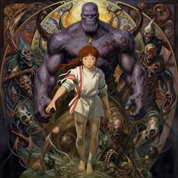 the platonic ideal of spirited away of cletus kasady ultimate carnage thanos dementor doctor manhattan chtulu nazgul, detailed, intricate, hyperrealism, intense, scary, decay, dmt, art by brock hofer and artgerm and greg rutkowski and alphonse mucha