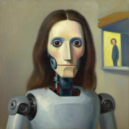 robotic frank zappa portrait, long hair, grant wood, pj crook, edward hopper, oil on canvas