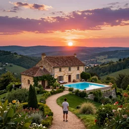 award winning photo of an ultra detailed high quality!! an old house with swimmingpool on the hills in the dordogne in france, beautiful colorful sunset. summer. highly detailed, highly intricate, depth of field, beautiful landscape, me standing there