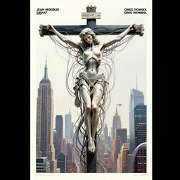 award winning poster design of a crucified gargantuan female biomorphic cyborg queen connected by intricate technological wires to a futuristic new york city, by jean moebius giraud, beeple, greg rutkowski. octane render.
