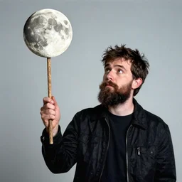 Thom Yorke, holding the moon upon a stick, with a beard and a black jacket, a portrait by John E. Berninger, dribble, neo-expressionism, uhd image, studio portrait, 1990s