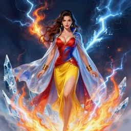 Full portrait of Elementalist, female, gorgeous, beautiful face, Red and blue garments, yellow robes, brass bracelets, transparent cloak from neck to ankles, pin-up, surrounded by fire, surrounded by ice, surrounded by thunder, highly detailed, smooth, sharp focus, digital painting, illustration, by by Albert Aublet, Krenz Cushart, WLOP and Sakimichan, artstation