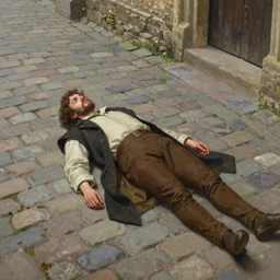 a beautiful artwork of a man laying on cobblestone in medieval england, by Jerome Opeña, featured on artstation