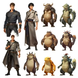 several character and creature designs, kim jung gi, Greg Rutkowski, Darek Zabrocki, Karlkka, Jayison Devadas, Phuoc Quan, trending on Artstation, 8K, ultra wide angle, pincushion lens effect