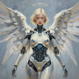 a beautiful painting a portrait of cyborg angel, symetrical scene, symetric character, trending in artstation, octane render, 8 k, by peter mohrbacher, zaha hadi