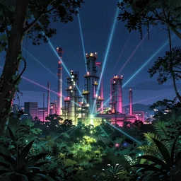 industrial architecture by antoine predock, at night neon noir at dawn tokyo nature landscape rainforest sunlight magic realism lightpaint myst meadow anime nightvision dramatic lighting laser, archdaily, wallpaper, highly detailed, trending on artstation.