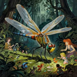 dramatic angle on realistic giant dragonfly with few element of cyberpunk armor attacking tiny creatures in jungle, by moebius!!!!, alphonse mucha, ayami kojima, amano, greg hildebrandt, and mark brooks, art nouveau, cyberpunk, neo - gothic, cinematic view!!!, dynamic lighting, night