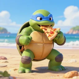 beautiful digital fantasy illustration of a pizza blobfish on the beach, teenage mutatnt ninja turtles eats pizza, realistic, detailed, cinematic, hyperrealism, hyper realistic render, ultra detailed, octane, 3 d, light shining through, by petros afshar and chiho aoshima, smooth, sharp focus, illustration