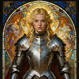 masterpiece head-on symmetrical centered painted portrait, Imogen Poots as a paladin, Elden Ring theme, blonde hair, glorious, wearing full metal armour, glowing stained glass backdrop, elegant, in the style of Ruan Jia and Artgerm and Edgar Maxence and Ross Tran and Alphonse Mucha and Ayami Kojima and Charlie Bowater and Greg Rutkowski and Karol Bak and Jean Delville, Art Nouveau, Pre-Raphaelite, Neo-Gothic, gothic, Art Nouveau, rich deep moody colors