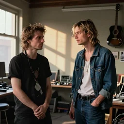 photo of basquiat and kurt cobain in basquiat ’ s studio, photorealistic,