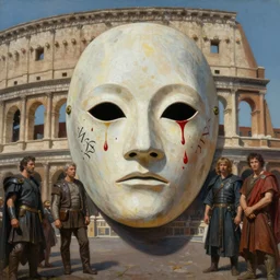A mixed media portrait painting of a man wearing the mask-of-Damocles, detailed mask, blood droplets, detailed jaw and eyes, by Frank Frazetta, Boris Vallejo, Greg Rutkowski, Beeple, Yoko Taro, Christian MacNevin, epic fantasy character art, roman numerals, high fantasy, CGsociety, full length, exquisite detail, post-processing, masterpiece, cinematic, coliseum backdrop