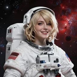 highly detailed portrait of a hopeful pretty astronaut lady with a wavy blonde hair, by Anthony Van Dyke, 4k resolution, nier:automata inspired, bravely default inspired, vibrant but dreary but upflifting red, black and white color scheme!!! ((Space nebula background))