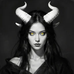 a woman in black and white with black hair, white horns, and glowing yellow eyes, detailed, centered, digital painting, artstation, concept art, donato giancola, joseph christian leyendecker, wlop, boris vallejo, breathtaking, 8 k resolution, extremely detailed, beautiful, establishing shot, artistic, hyperrealistic, beautiful face, octane render, cinematic lighting, dramatic lighting, masterpiece