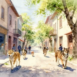 a beautifuly intricate watercolor, low angle wide shot, street scene, wild animals on the street, volumetric lighting, beautiful, day time, spring, sunny weather, sharp focus, highly detailed, photorealistic, 4 0 0 0 k, f 1. 4, cgsociety, by greg rutkowski, by james jean, by rossdraws, by frank franzzeta, by sa